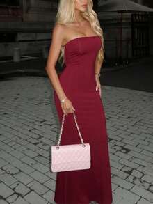 Women's Elegant Solid Color Sexy Backless Party Maxi Dress, Spring/Summer - Burgundy - View 5