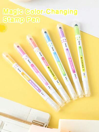6pcs Creative Double-Headed Magic Color Changing Stamp Pens, Suitable For Students, Comes With Colorful Markers And Highlighters, Large Capacity For Effective Highlighting