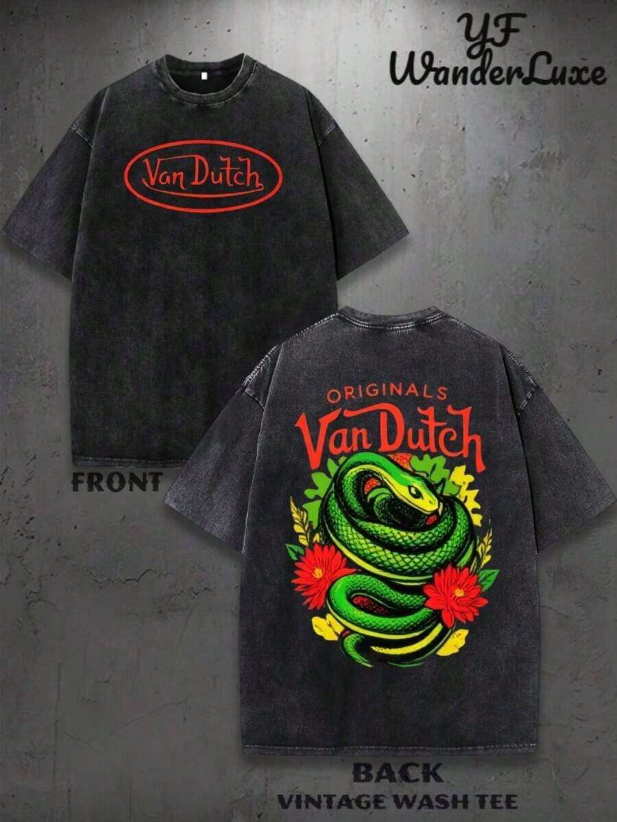 Women's Graphic Tee Men Washed Cotton Streetwear Brand Originals Vons Dutchs Snake And Clover Print Casual Tee For Daily Wear Doors |   Front And Back Print |   Vintage Heavyweight T Shirt |   Perfect Gift |   Loose Comfortable Breathable |   Machine Washable Fabric |   Hip Hop Cool Style |   Drippy Clothes |   Y2KLoose And Comfortable Camiseta Playeras Para Mujer Summer Clothes - 黑色 7 - 查看 1