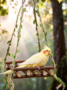 Medium-Small Parrot Natural Wooden Rattan Hanging Swing, Interactive Perch, Realistic Green Leaf Swing Toy To Relieve Boredom, Educational Bird Supplies, Bird Cage Accessories, Parrot Toys - View 6