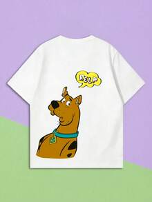 Summer Women's Short Sleeve Classic Cartoon Brown Dog "Help" Speech Bubble Fun Graphic T-Shirt - White - View 2