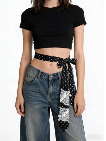 1 chiếc cà vạt chấm bi và ren phối hợp kiểu cổ điển, thiết kế nơ độc đáo, cà vạt trang trí màu đen trắng.