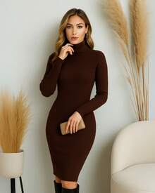 Women's Ribbed Knit Dress, Fitted, Long Sleeves, High Neck - Mother's Day Gift - 鏽棕色 - 查看 5