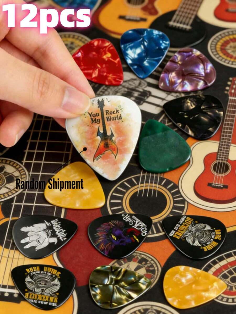 12片装吉他拨片套装，铁盒包装 - 0.46/0.71/0.96毫米厚度可选，12种独特设计，摇滚系列主题乐器配件，适用于尤克里里、贝斯、电吉他，色彩鲜艳，是送给音乐爱好者的礼物。 - 12片opp袋裝 - 查看 1