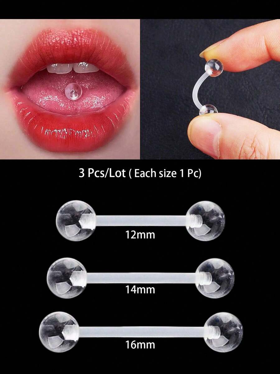 Set de 3 piezas (1 pieza de cada tamaño) Barra de barbell transparente y suave de acrílico invisible para perforación de lengua, frenillo y web de lengua - uña de lengua - Ver 1