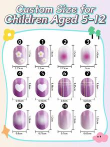 NAIO 24pcs Kids Press On Nails, Purple Gradient Flower Heart Plaid Full Cover False Nails Colorful Full Cover Short False Nails For Girls, Cute Mixed Pattern Wearable Nail Kit With Storage Box & Nail File - Multicolor - View 5