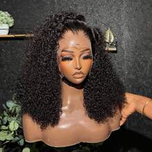 Kinky Curly Bob Human Hair Wig Pre Plucked 13x4 Front Transparent Lace Glueless Peruvain Remy Hair Curly Human Hair Bob Wigs For Women And Girls - Natural Black - 查看 3