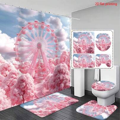 一款二维平面设计的粉色摩天轮主题浴室套装（1/4 套装），适合浴室装饰。套装包含 12 个挂钩、防水多功能浴帘、防滑浴室垫、U 型马桶垫、马桶盖垫、浴室装饰品和浴室隔断。可机洗。营造柔和舒缓的浴室氛围。时尚实用的家居装饰礼品。居家必备。