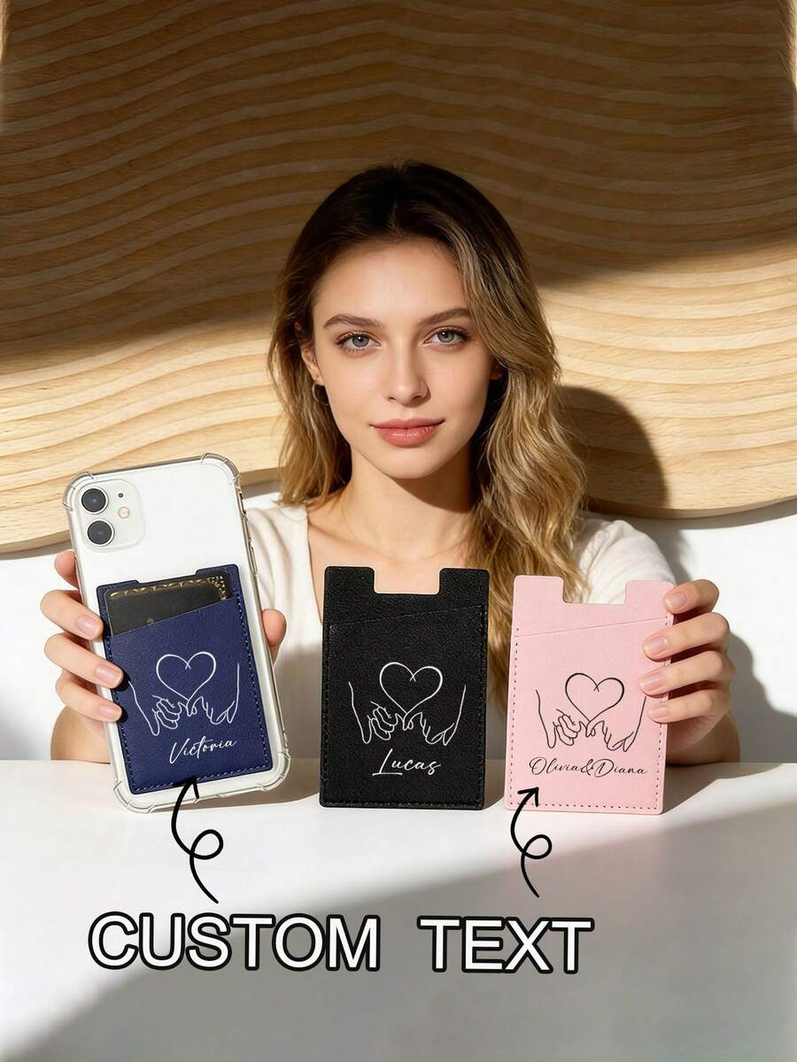 1pc Personalized Text PU Leather Card Holder, Heart Pattern, Self-Adhesive Mobile Phone Wallet, Dual Card Slots, Gift For Couples, Friends, Family, Fits Various Phone Models - Royal Blue - View 1