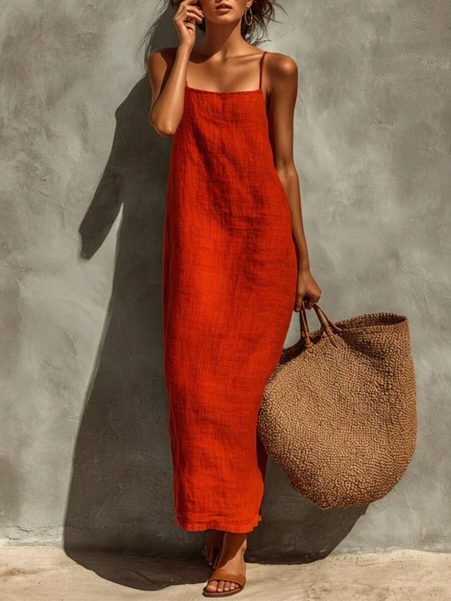 Red Linen Spaghetti Strap Maxi Dress For Women - Summer Casual Solid Color Beach Vacation Long Dress With Breathable Fabric For Resort Travel Date Night - 磚紅色 - 查看 1