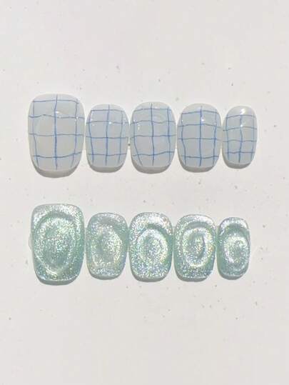 10pcs Pure Handmade Press On Nails Short Nails Square Nails Based On The Milky White Ice Clear Color, It Is Complemented By Blue Patterns, Mint Cat Eyes, And Three-Dimensional Transparent Circles. It Is Refreshing And Makes Your Complexion Look Brighter.Gentle Elegant Cute Nails For Ladies And Girls Spring Summer Fall Winter Festivals Parties And Daily Life Use