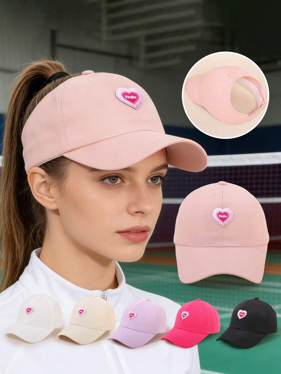 Gorra de béisbol para mujer con bordado de corazón y letra "Hola", sombrero casual de unicolor ajustable, accesorio de moda para el verano - sombrero de cola de caballo de Holle - Ver 1