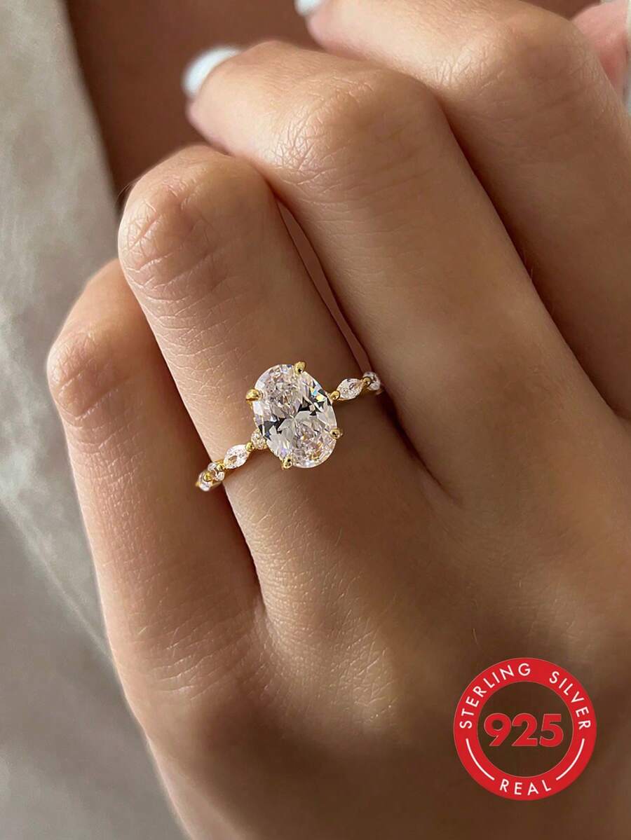 1 pièce Bague de fiançailles ovale, bijoux de mariage élégants pour femmes, bague en argent sterling 925 avec cubic zirconia cubique classique, bijoux de mariée exquis, bague de promesse de fiançailles, cadeau d'anniversaire de mariage