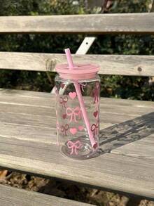 带吸管和盖子的玻璃杯，冰咖啡玻璃杯，蝴蝶结爱心印花水瓶，可爱美观的玻璃杯，可重复使用的玻璃咖啡杯，防漏旅行玻璃杯，玻璃饮具，女孩玻璃水瓶，爱心蝴蝶结玻璃杯，20盎司玻璃杯，女士美观饮具，可重复使用的吸管杯，玻璃冰咖啡杯 - 彩色 - 查看 12