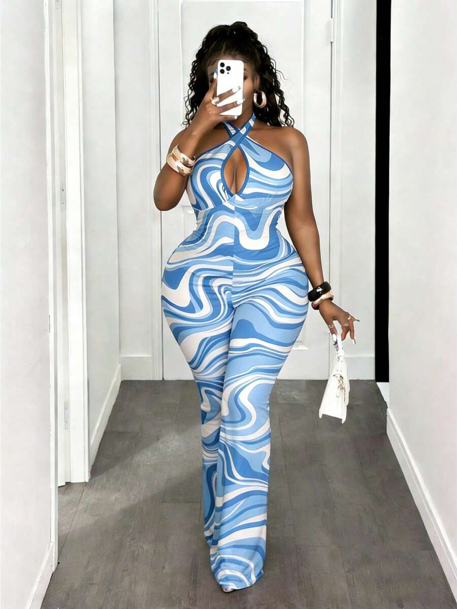 Mono de mujer con estampado ondulado azul, diseño cruzado en el cuello, espalda descubierta, adecuado para vacaciones de verano, fiestas y uso diario - Multicolor - Ver 1