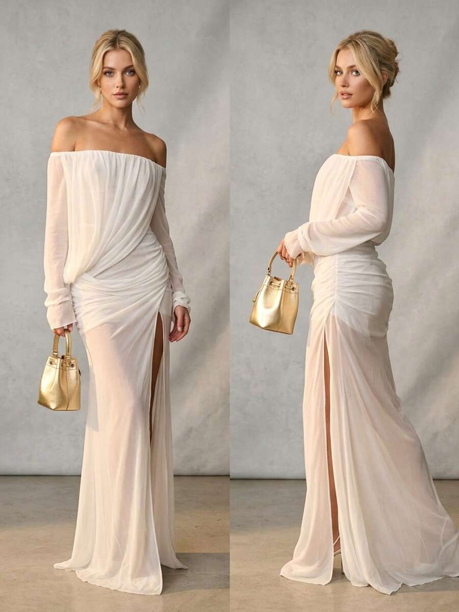 Women's Sheer Mesh Off Shoulder Long Sleeve Solid Color Maxi Dress, Party Dresses For Elegant Party Outfits - 白色 - 查看 1