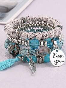 Bộ 4 vòng tay hạt cườm phong cách Bohemian với tua rua, mặt dây chuyền hình cánh và chữ "I Love You", vòng tay hạt cườm nhiều lớp, trang sức thời trang, quà tặng Ngày của Mẹ. - Hồ Xanh - Xem 1