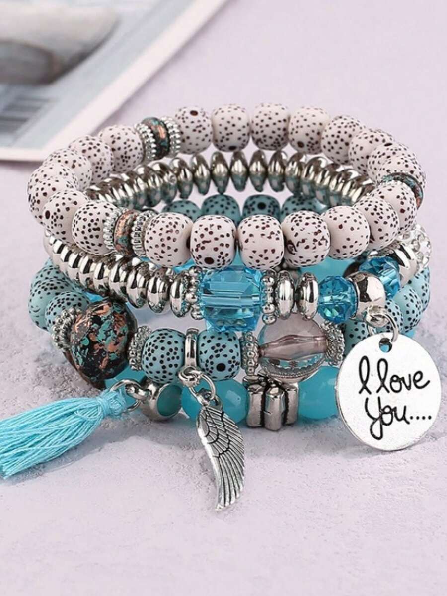 Bộ 4 vòng tay hạt cườm phong cách Bohemian với tua rua, mặt dây chuyền hình cánh và chữ "I Love You", vòng tay hạt cườm nhiều lớp, trang sức thời trang, quà tặng Ngày của Mẹ. - Hồ Xanh - Xem 1