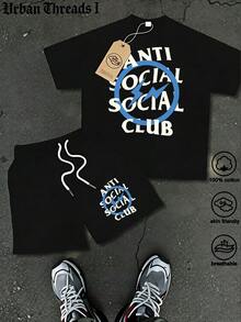 Men's Short Sleeve Shorts Set (2-Piece Set), Spring/Summer/Autumn Style, Short Sleeve T-Shirt+Drawstring Shorts, Soft And Comfortable Fabric, Machine Washable, Dry Cleanable, High Quality, Summer New ASSC T Rendy Printed Pattern Hoodie+Shorts, Hip Hop Style, Suitable For Festival Celebrations, Homecoming Season, Street Dressing, And Outdoor Activities - Black - View 1