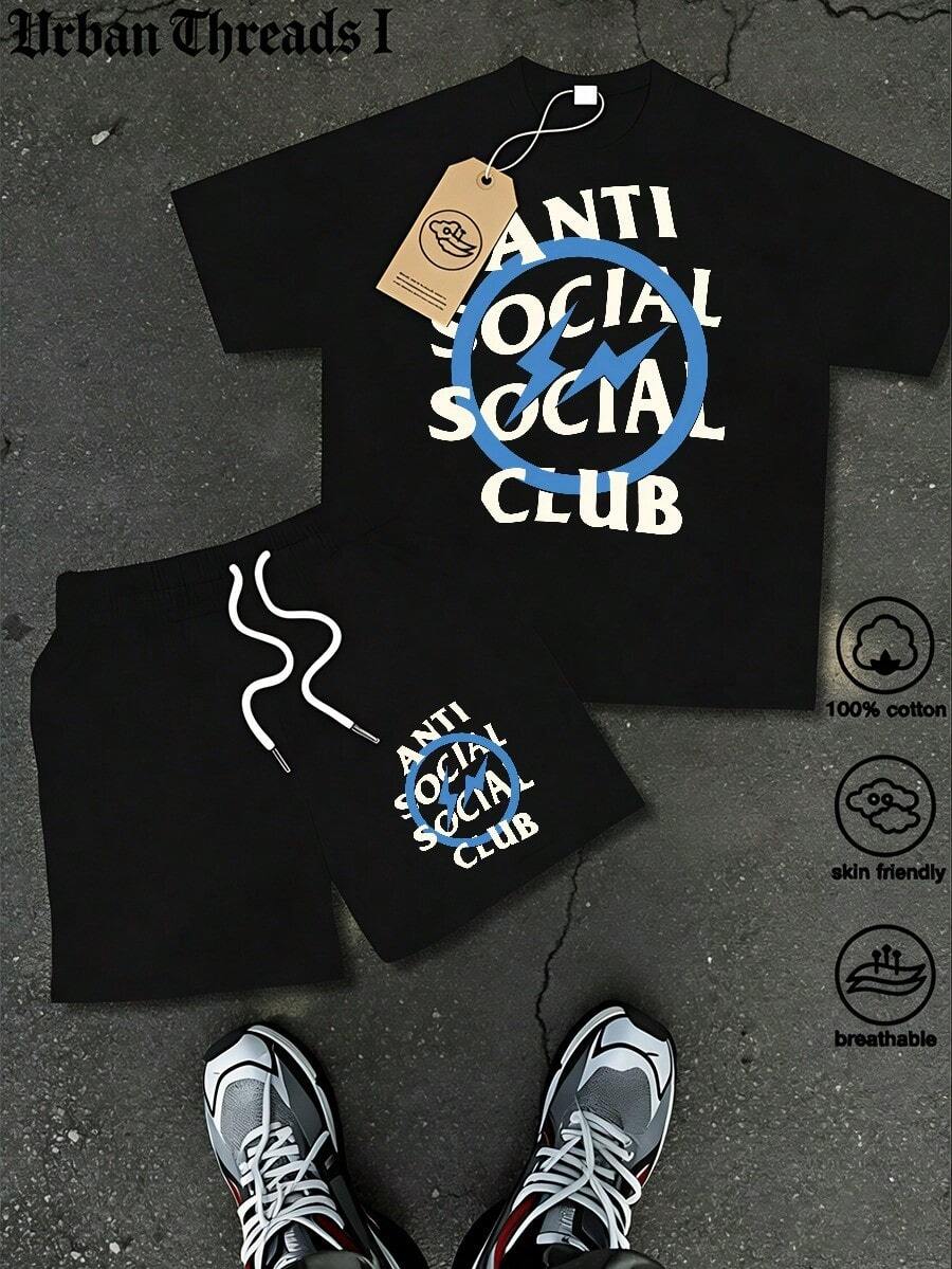 Men's Short Sleeve Shorts Set (2-Piece Set), Spring/Summer/Autumn Style, Short Sleeve T-Shirt+Drawstring Shorts, Soft And Comfortable Fabric, Machine Washable, Dry Cleanable, High Quality, Summer New ASSC T Rendy Printed Pattern Hoodie+Shorts, Hip Hop Style, Suitable For Festival Celebrations, Homecoming Season, Street Dressing, And Outdoor Activities - Black - View 1