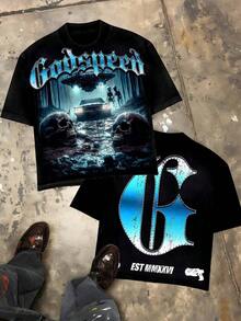 Y2K Graphic Tees Men, Double Sided Print UFO Alien Graphic T Shirt, Godspeed Brand Casual Fashionable Urban Style Summer Outfit, Father's Day Graduation Independence Day,   For Men - 黑色 - 查看 9