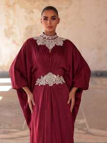 Faeriesty Hochwertiges Abendkleid, Stehkragen Fledermausärmel Design, luxuriöses Bankett-Kleid, geeignet als Hochzeitsgast-Outfit für Partys - Bordeaux - Übersicht 10