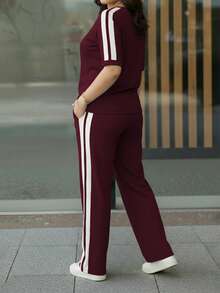 Women's Spring/Summer Outfit, Round Neck Contrast Stripe Short Sleeve T-Shirt Paired With Elastic Waist Loose Pants, Casual 2 Pieces Set Elegant - Burgundy - View 5