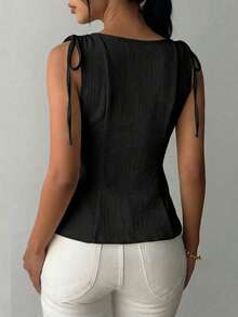 1件纯色针织荷叶边休闲上衣，夏季 - 黑色 - 查看 3