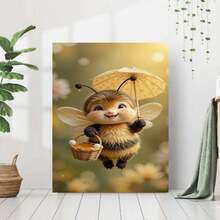 Plano 2D, 1 pieza de pintura en lienzo plana 2D sin marco: Una encantadora obra de arte decorativa con una adorable abeja sosteniendo un pequeño paraguas y una cesta, con un fondo de suave sombra floral que resalta la belleza natural. Disponible en varios s: 12x18, 16x24, 24x36 pulgadas. Un - Enmarcado - Ver 2