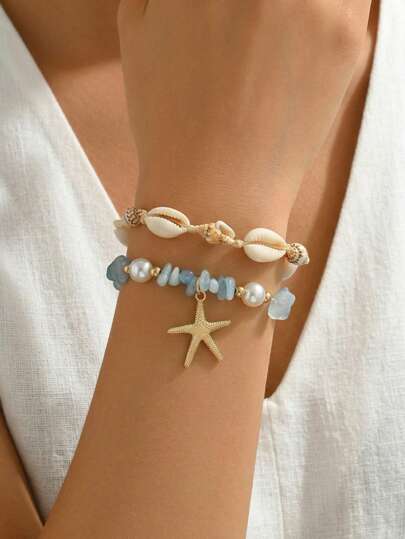 2 st/set handgjort armband med snäckskal och rep i sommar- och strandsemesterstil, moderiktigt och mångsidigt hänge i sten och konstgjorda pärlor, lämpligt för vardags-, fest- och resebruk. Antalet, storleken och färgdjupet på stenarna är slumpmässiga.
