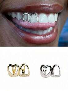1 Set Unisex Hollow Gold & Silver Tooth Grillz, Suitable For Nightclub, Halloween, Christmas Wear - 1個(顏色隨機) - 查看 3