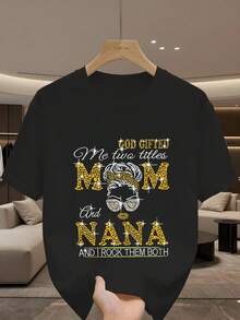 女士字母印花短袖T恤，休闲上衣，图案T恤，夏季校园街头风，Nana亮面设计印花黑色 - 黑色 - 查看 1