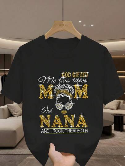 女士字母印花短袖T恤，休闲上衣，图案T恤，夏季校园街头风，Nana闪亮设计印花