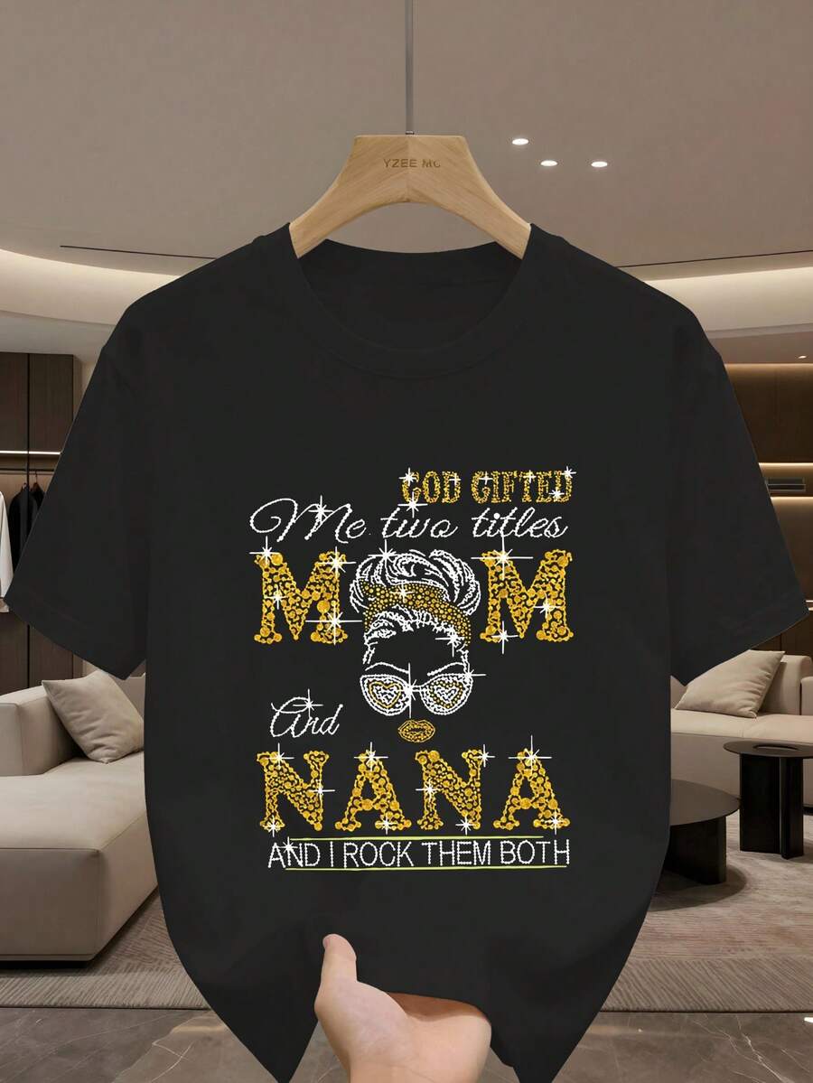 女士字母印花短袖T恤，休闲上衣，图案T恤，夏季校园街头风，Nana亮面设计印花黑色 - 黑色 - 查看 1