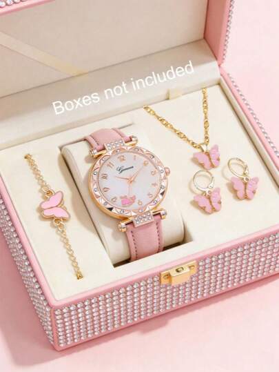5pcs Women's Elegant Fashion Delicate Round Dolphin Dial Quartz Watch Set, Includes Bracelet, Necklace, Earrings, Perfect Gift For Women On Birthday, Holiday, Daily Wear, Party, Travel, Valentine's Day, Mother's Day