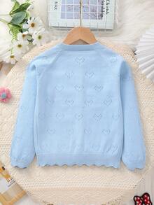 Girls' Spring/Summer Heart Pattern Lace Design + Openwork Heart Pattern Knitted Round Neck Cardigan, Gentle And Elegant, Suitable For Outings, Gatherings Or Play - Baby Blue - View 6