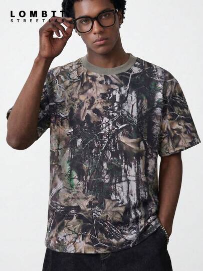 Áo thun nam tay ngắn mùa hè, họa tiết rằn ri cành cây, màu xanh quân đội, kiểu dáng thường ngày, thích hợp cho thể thao, hoạt động ngoài trời, du lịch, leo núi, tập luyện thể dục, đi làm hàng ngày.
