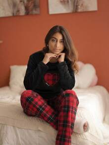 Women's Warm Winter Fleece Pajamas With Premium Embroidery S2 Black Embroidery - màu đen - Xem 3