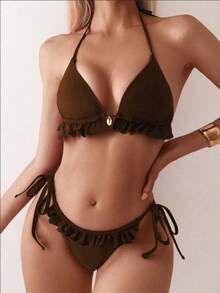Swim Mod Women's Swimsuit, Two-Piece Bikini Set With Halter Neck, Ruffles And Bow In Solid Color For Summer - 棕色 - View 8