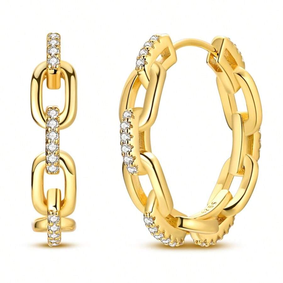 925纯银镀金链条耳环，精致镶嵌立方氧化锆的耳环，适合女性/女孩日常佩戴 - 金色 - 查看 1