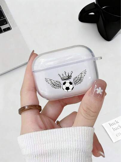 1 Pc Transparent Soccer Ball Crown Wings Graphic Pattern Shockproof Protective Earbud Case For Men Women Teens, Durable Earbud Protector, Fashionable Daily Use Earbud Case, Suitable For AirPods 4/3/2/1/Pro/Pro2/Pro3,Gift For Soccer Lovers