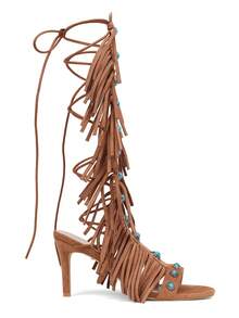 Women's Knee High Sandals High Heel Strappy Gladiator Shoes Fashion Fringe Tassels Lace-Up Sandalas Suede Open Toe With Stones Summer Shoes Beach Party Vacation Comfortable Shoes - màu nâu - Xem 4