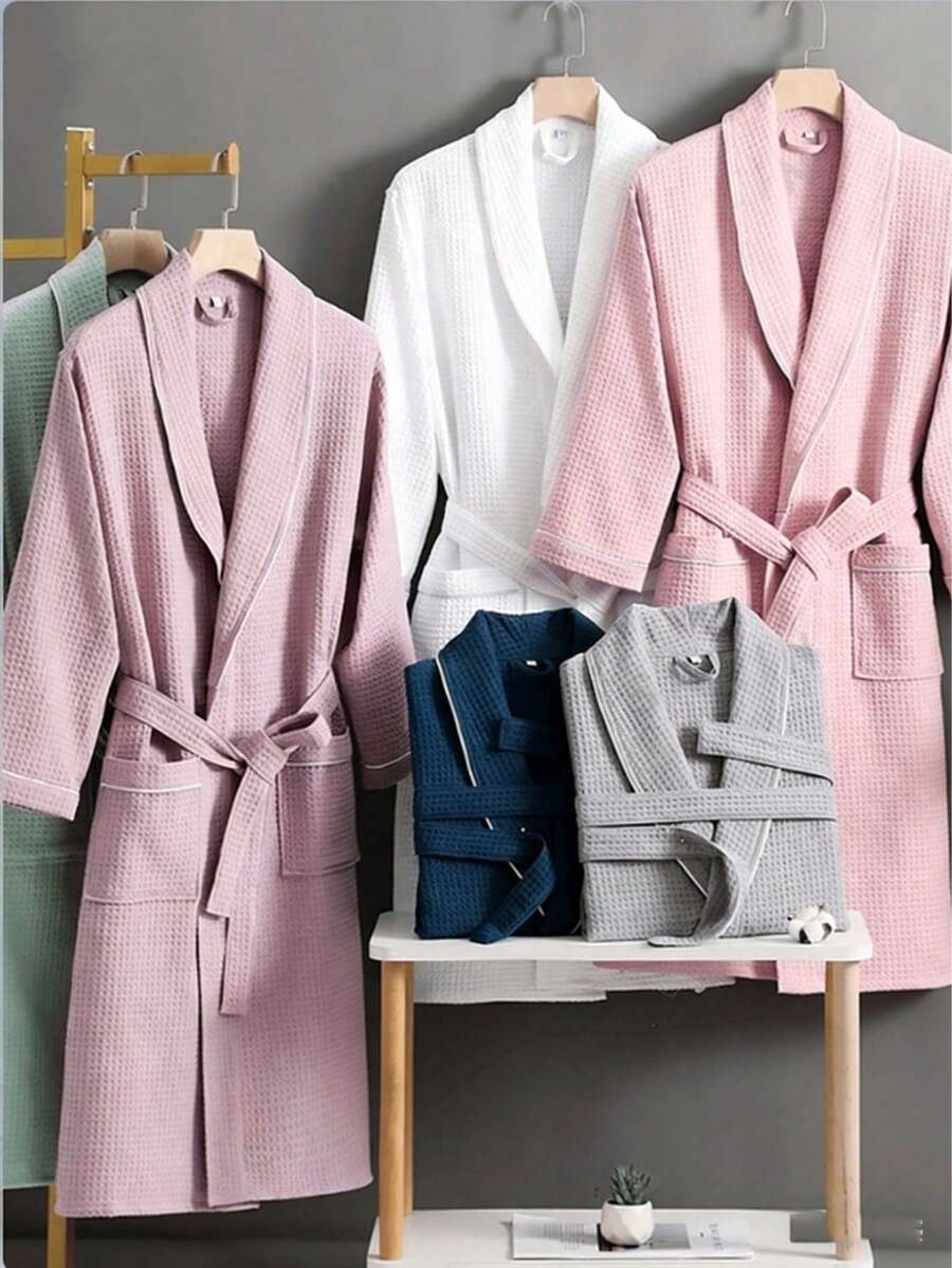 1pc Waffle Weave 100% Cotton Bathrobe, Unisex Adult Kimono Style Robe, Spring/Summer Sleepwear, Hotel/Spa Use, Absorbent & Quick Dry, Loose Fit, Multi-Color, Bathroom & Home Essentials - Multicolor - View 1