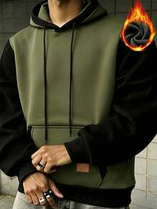 男士撞色仿皮连帽衫，秋冬季长袖上衣 - 軍綠色 - 查看 1