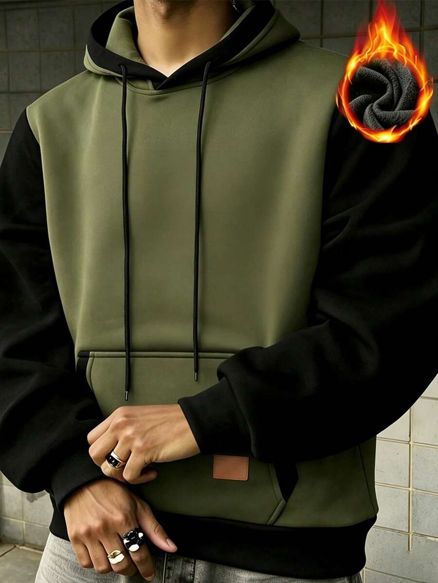 男士撞色仿皮连帽衫，秋冬季长袖上衣 - 軍綠色 - 查看 1