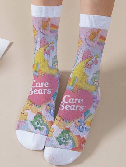 CARE BEARS 1 par de calcetines personalizados de mujeres con diseños de Osos Amorosos, impresión digital de 360 grados con diseños interesantes de Oso Alegre, Oso Deseoso, Oso Corazón, Oso Ángel, Oso Gruñón y otros, estilo minimalista de moda, adecuados para uso diario y regalos de graduación/cumpleaños