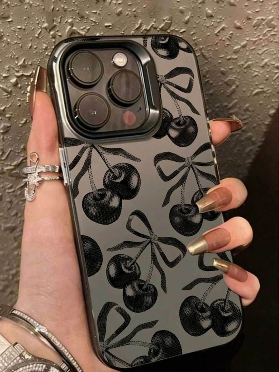 苹果单包装 IMD 材质透明黑色手机壳,带摄像头和可爱卡通樱桃蝴蝶结图案,兼容 13、14 Pro Max、11,防水、防震、防摔、防刮擦 - 白色 - 查看 1