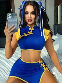 Set Lingerie Seksi Wanita 2 Potong, Termasuk Atasan Crop Berkerah Cheongsam (Lengan Pendek) dan Rok Mini Belahan, Set Pakaian Dalam Nyaman dengan Warna Kontras - Biru - View 2