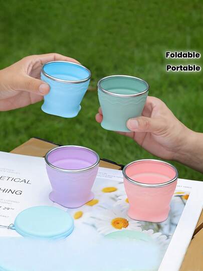1pc Foldable Silicone Travel Cup With Lid, Collapsible Silicone Camping Cup, Retractable Cup, Reusable Portable Drinking Cup For Travel, Camping, Outdoor Sports, With Keychain, Fits In Pocket/Bag