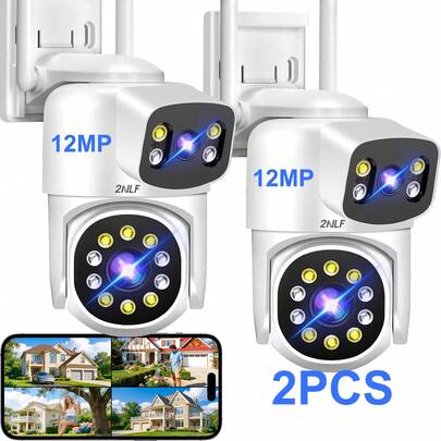 2nlf®12MP  2pcs Cámara Vigilancia WiFi Exterior Blanco Impermeable IP66 Doble Lente Doble Pantalla PTZ 360° Seguimiento Móvil Visión Nocturna Color Alarma Luz Sonido Audio Bidireccional